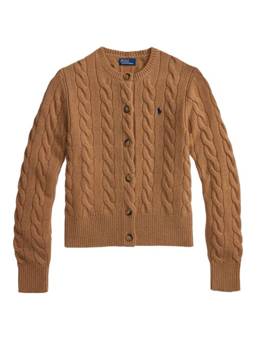 Cardigan girocollo in maglia di lana e cashmere a trecce color cammello con ricamo Pony Polo Ralph Lauren | 211-972104-001CAMEL MELANGE